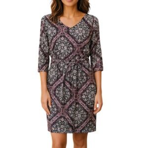 TAHARI Floral Dress Pink Black Geometric Print Ruched Midi Long  Sleeve Size L